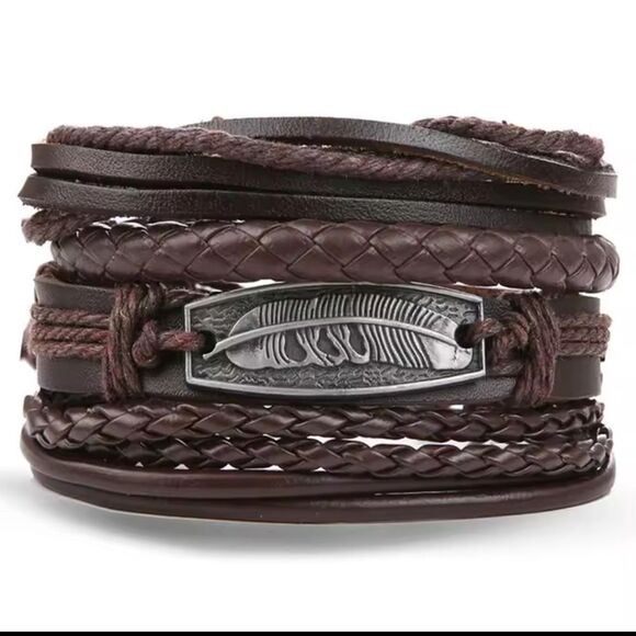 Men's leather bracelet set braided layered beaded new e97 - Picture 1 of 1